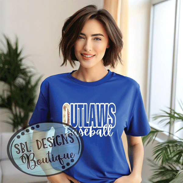 Outlaws Baseball in O- T-shirt- Ladies Design (Royal Blue)
